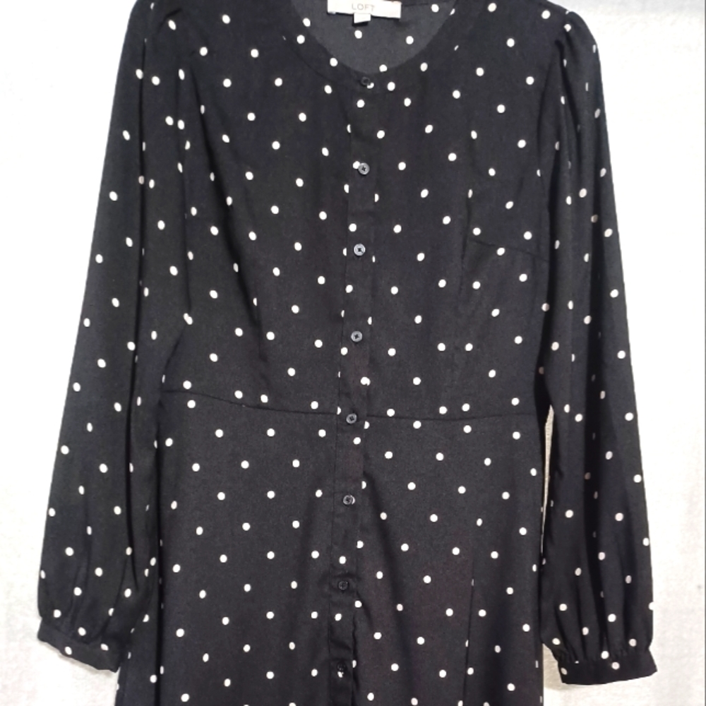 Loft Women's Long Sleeve Button Up Black White Polka Dot Dress Size 4 Polyester